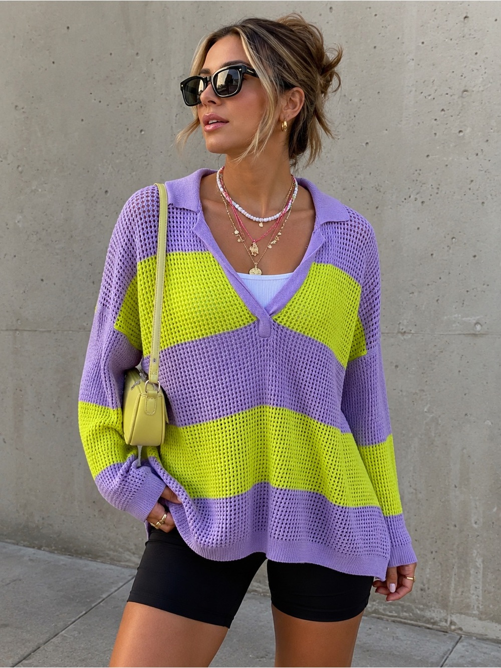 No Name Striped Size M 100% Cashmere  Open Weave Sweater V Neck Y2K Sporty